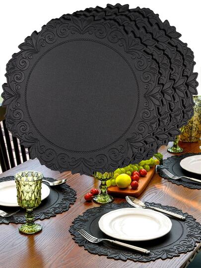 6pcs Black Thickened Vintage Floral Leather Placemats, Washable Round Heat Insulation Mats For Dining Table, Suitable For Valentine's Day, Mother's Day, Wedding Party, Christmas, Halloween, Thanksgiving, Dinner, Restaurant, Hotel, Home