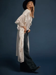 Women Chiffon See Through Flowy Maxi Top Tie Front Kimono Cardigan Sheer Long Sleeve Ruffled Duster Layering Shirt Cover Up - 象牙白 - 查看 4