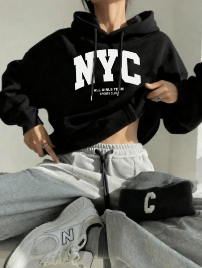 Mujer003 Sudadera de mujer  invierno sudadera de manga larga cómoda suave Sudadera gris con el logotipo "NYC" y "ALL GIRLS TEAM SPORTS CLUB", perfecta para el deporte y el estilo casual