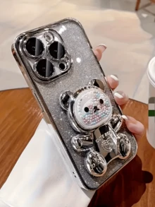 Luxury Plated 3D Cute Bear Concealed Stand+6D Sparkling Pink Paper+Silver Edge Phone Case, Romantic Love Beaded Bear Concealed Stand, Suitable Compatible With Apple 16, 15, 14, 13, 12, 11 Pro Max, Transparent Shockproof And Anti Drop Soft Protective Case - Silver - View 1