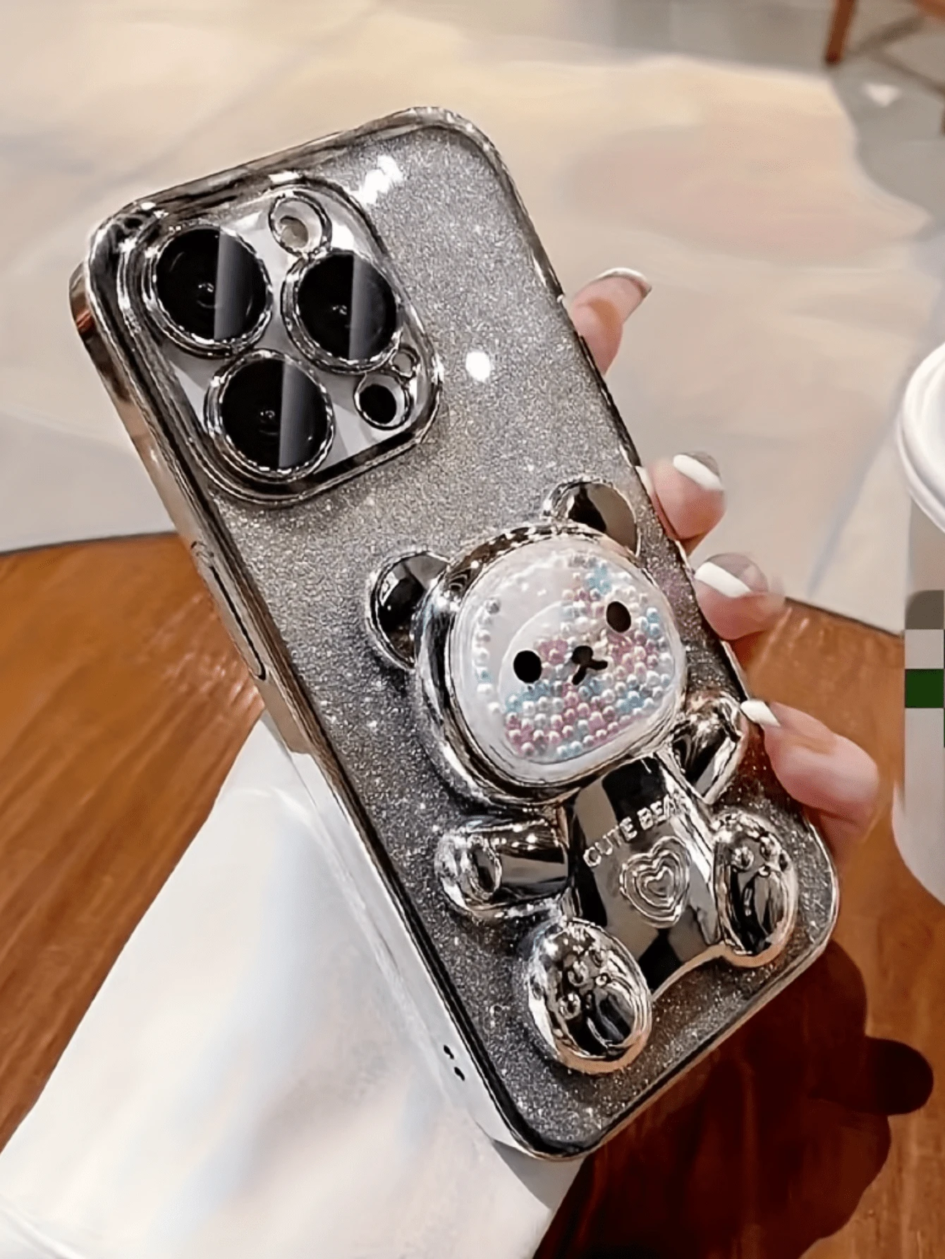 Luxury Plated 3D Cute Bear Concealed Stand+6D Sparkling Pink Paper+Silver Edge Phone Case, Romantic Love Beaded Bear Concealed Stand, Suitable Compatible With Apple 16, 15, 14, 13, 12, 11 Pro Max, Transparent Shockproof And Anti Drop Soft Protective Case - Silver - View 1