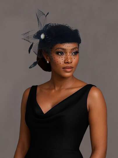 1pc Women's Solid Color Applique Artificial Feather Mesh Flight Attendant Cap, Fashionable & Versatile Black & White Color, Retro British Style Commuter Hat