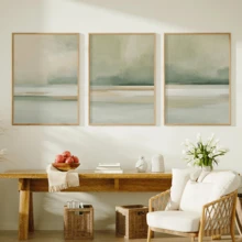 3幅现代海岸线条抽象风景水彩画，灰绿色调，帆布水墨画，春季墙面装饰画，可选择带框或不带框，家居装饰，理想的乔迁礼物，适用于宿舍、公寓、酒店、客厅、卧室、浴室、办公室墙面装饰 - 彩色 - 查看 5