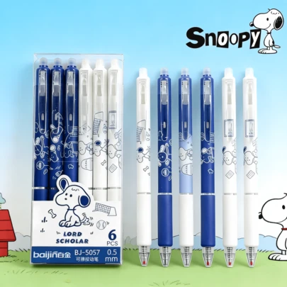 SNOOPY 一套 6 支史努比主题可擦凝胶笔，采用热敏可擦墨水，笔尾内置橡皮擦，0.5mm 笔尖，黑色书写墨水，适合作为学校用品、课堂奖励、办公文具或返校礼物。