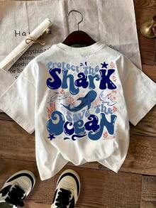 1pc 1pc Camiseta informal de cuello redondo con estampado de letras de tiburón, tejido de punto geométrico, estilo jersey de largo regular, adecuada para todas las estaciones, una opción cómoda para mujeres. - Blanco - Ver 1