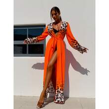 Leopard Print Robe Women - Orange Longline Sheer Cover Up; Lightweight Kimono Robe For Loungewear, Sleepwear, Bridal Shower, Bell Sleeves Tie Waist - Nhiều màu sắc 1779 - Xem 1