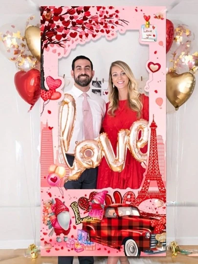 1pc Valentine's Day Photo Frame, Valentine's Day Hanging Banner, Romantic Pink Gnome Party Photo Backdrop, Wedding Anniversary Party Decorations