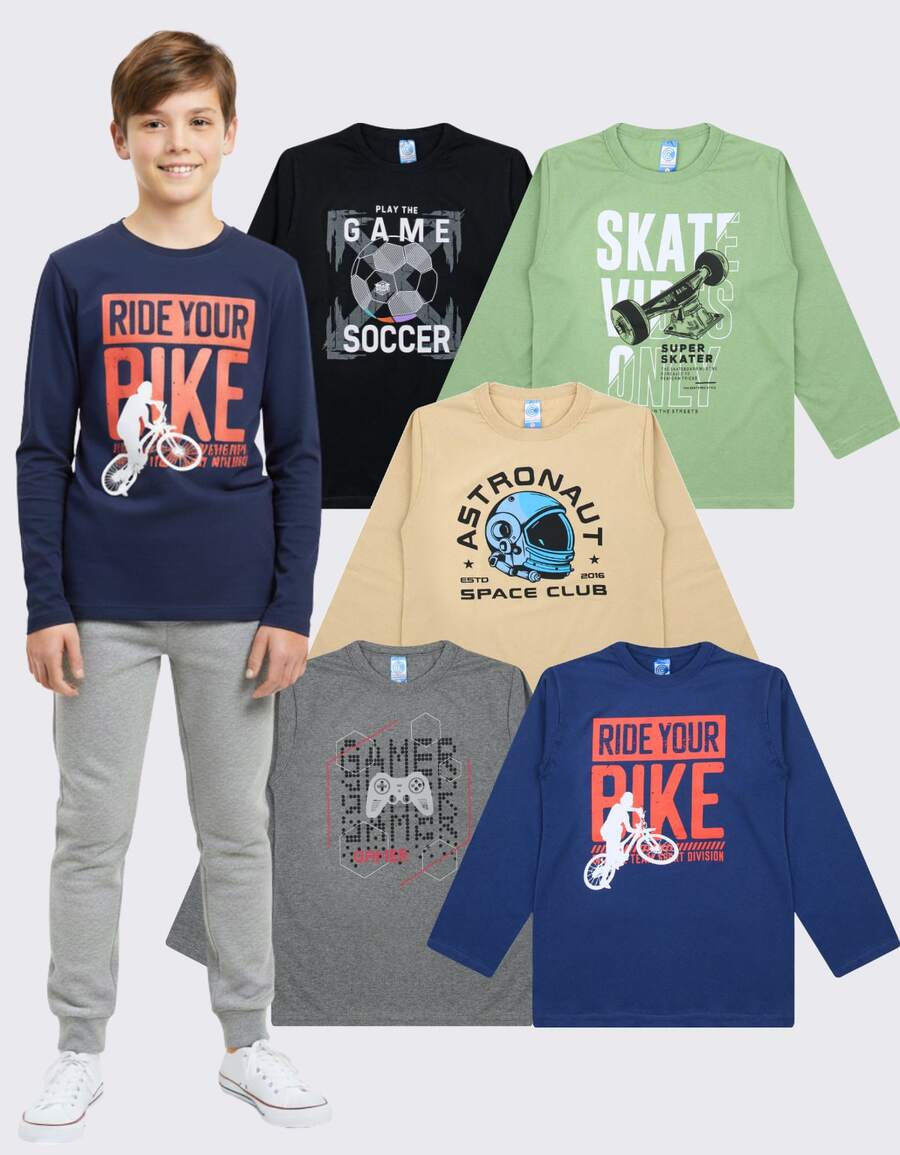 Kit 5 Camisetas Manga Longa Juvenil Menino Algodão 10 Ao 16 - Multicolorido - Visão 1