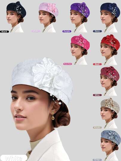 1顶女士纯色花卉网纱空姐帽，教堂帽，德比帽，复古英伦风百搭帽