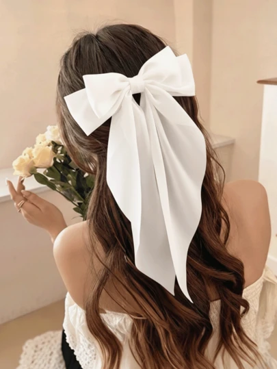 1pc White Bow Hair Clip, Women Hair Accessory, Ribbon Bow Hair Barrette, Satin Bow Long Tail Clip, Party Hair Decoration, Christmas Gift, Winter Gift, Claw Clip, Hair Clip, Head Accessories, Hair Accessories For Women, Hairpin