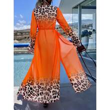 Leopard Print Robe Women - Orange Longline Sheer Cover Up; Lightweight Kimono Robe For Loungewear, Sleepwear, Bridal Shower, Bell Sleeves Tie Waist - Nhiều màu sắc 1779 - Xem 4