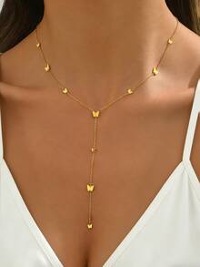 1pc 18K Gold Plated Stainless Steel Butterfly Pendant Necklace, Fashipn Elegant Y-Shaped Necklace, Suitable For Daily Wear And Gift Giving - Gold - View 1