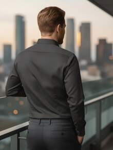 Men's Plain Black Shirt With Collar, Regular Length, Sleeves To The Wrist And Raw Wash Details. - màu đen - Xem 4