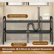 Estante de fregadero telescópico, armario de almacenamiento bajo el fregadero, estante de almacenamiento retráctil para fregadero, soporte de estante de cocina ajustable, estante de almacenamiento multifuncional, productos para el hogar, herramientas de fregadero para cocina, baño, dormitorio, sala de estar - Negro - Ver 2