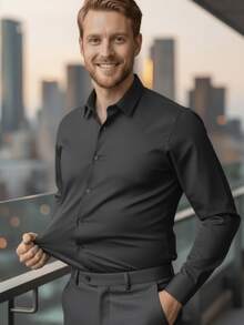 Men's Plain Black Shirt With Collar, Regular Length, Sleeves To The Wrist And Raw Wash Details. - màu đen - Xem 3