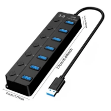 closeli 1pc USB 3.0 Hub 7 Ports USB Hub Splitter With Individual On/Off Switch And Indicator Light, Compatible With MacBook, Laptop, Surface Pro, PC, Flash Drives, External Hard Drives - Black - View 3