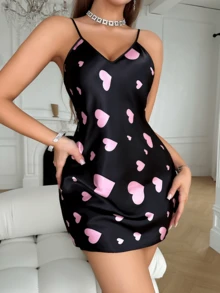 Backless  Contrast Lace    Sleeveless    Mini  Short    Valentine's Day Red Satin Heart Print Chemise With Black Lace Trim - Women's V-Neck Spaghetti Strap Sleepwear Lingerie Dress - màu đen - Xem 5