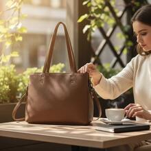 Women's Large Tote Bag L0038 Structured Elegant Double Handle Synthetic Leather Spacious Modern - Cà phê nâu - Xem 2