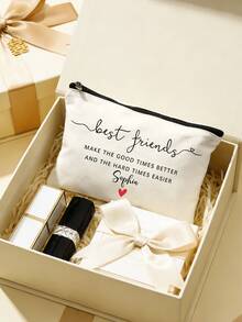 1pc Custom Name Best Friends Personalized Gift Make Up Bag, Ladies Purse, Canvas Travel Toiletry Bag, Cosmetic Organizer Case, Back To School Teacher's Day Gift - Multicolor - View 3