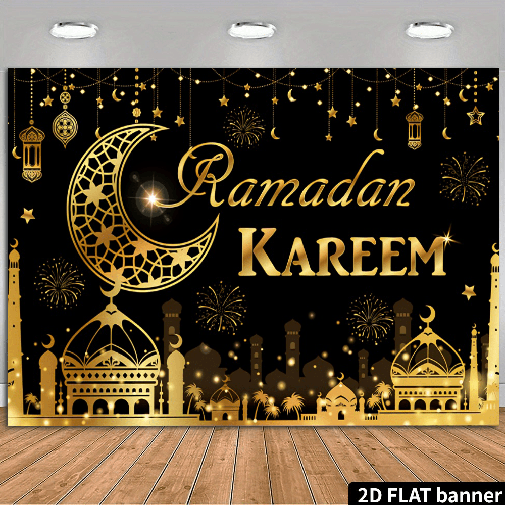Pancarta decorativa plana 2D de Ramadán, decoración con tema negro y dorado, linternas de Eid, luna, adecuada para decorar fiestas festivas, telón de fondo para eventos de celebración, decoración multiusos, regalo festivo, material de poliéster, sin fuente de alimentación requerida