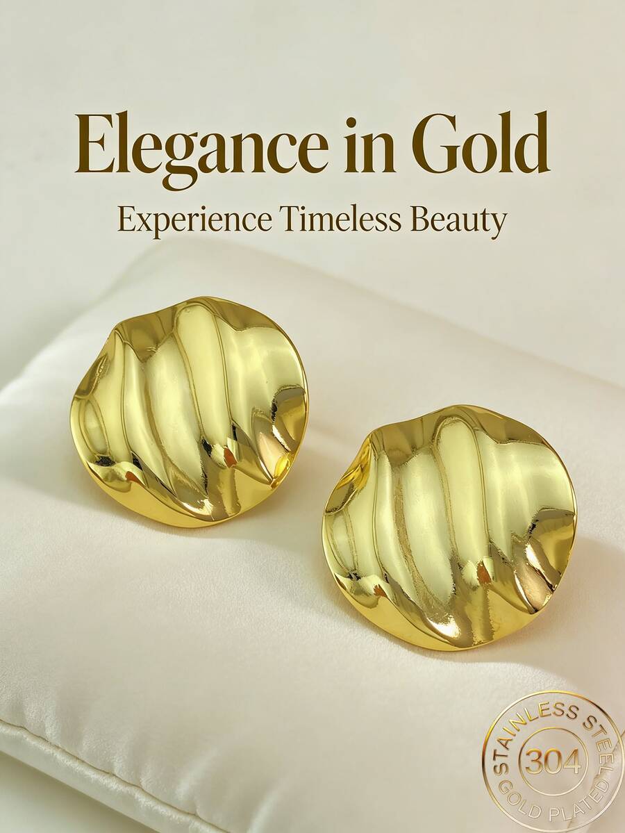 The Lady's Earrings Are Irregularly Shaped Golden Chunky Earrings With Round Discs And Low-Allergenic Ear Studs. They Are Suitable For Her Fashionable Jewelry, Party Jewelry Gifts, And Valentine's Day Gifts. - Multicolor - View 1