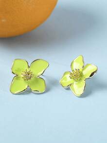 1 Pair Colorful Enamel Four-Petal Flower Stud Earrings For Women, Versatile & Sweet, Suitable For Daily Wear, Vacation, Gift - 綠色 - 查看 8