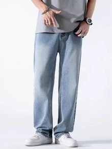 Quần jean denim màu xanh nhạt dễ phối đồ cho bé trai, quần ống đứng bạc màu, kiểu dáng thường ngày dành cho thanh thiếu niên, đa năng. - Rửa nhẹ - Xem 4