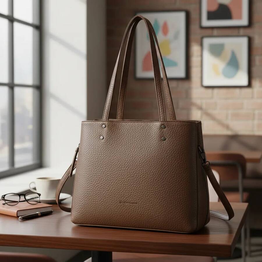 Women's Large Tote Bag L0038 Structured Elegant Double Handle Synthetic Leather Spacious Modern - Cà phê nâu - Xem 1