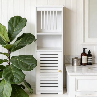 Gabinete de baño blanco, gabinete de almacenamiento independiente con estantes abiertos, gabinete de piso impermeable adecuado para baño, sala de estar, dormitorio, estilo moderno de granja