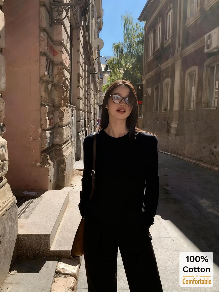 女士长袖T恤，宽松中长款黑色上衣，适合秋冬休闲春季叠穿