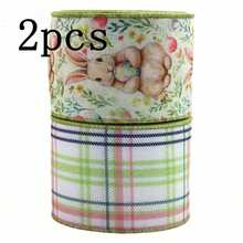 2 Rolls Easter Wired Edge Craft Ribbon, Spring Floral Bunny Wired Ribbon Watercolor Easter Bunny Floral Fabric Ribbon For Gift Wrapping, Floral Decor, Bows, DIY Crafts - Multicolor - View 13
