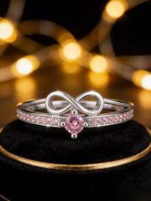 1枚925纯银镀铂金蝴蝶结粉钻戒指，心形水钻设计，精致银饰，送给女朋友的礼物 - 銀色 - 查看 4