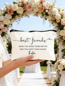 1pc Custom Name Best Friends Personalized Gift Make Up Bag, Ladies Purse, Canvas Travel Toiletry Bag, Cosmetic Organizer Case, Back To School Teacher's Day Gift - Multicolor - View 4