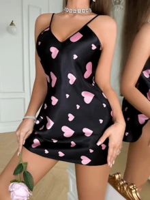 Backless  Contrast Lace    Sleeveless    Mini  Short    Valentine's Day Red Satin Heart Print Chemise With Black Lace Trim - Women's V-Neck Spaghetti Strap Sleepwear Lingerie Dress - màu đen - Xem 6