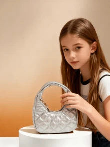 Children's Fashion Embroidered Crescent Handbag, Little Girls' Casual Tote Bag, Rhombus Coin Purse, Lipstick Case, Soft Mini Bag, Pouch, Holiday Gift, Gold, Silver, Black, White, Pink - Multicolor - View 4