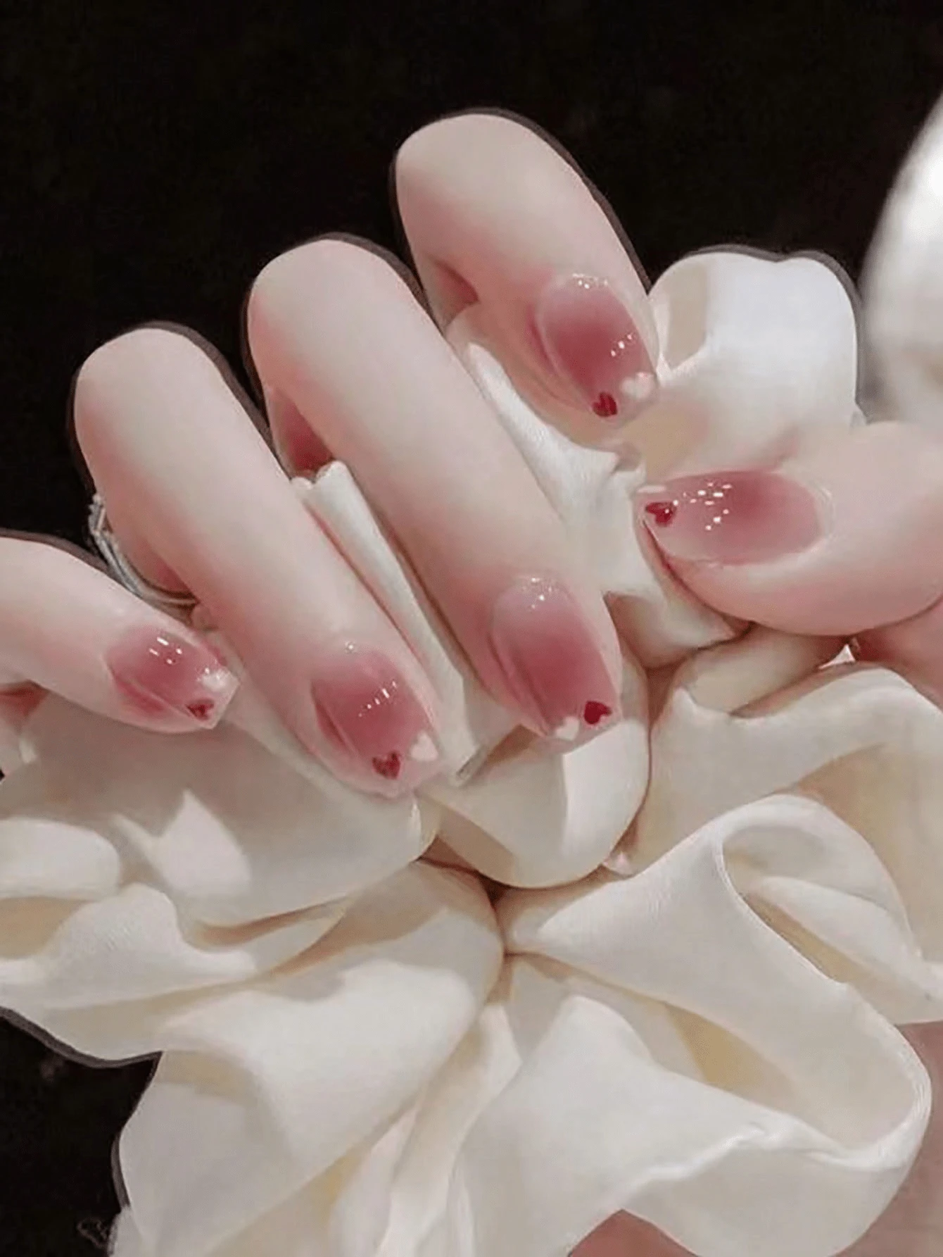 ABS Resin Dusty Pink Gradient Heart Oval Press On Nails 24PCS With Nail File & Jelly Glue Reusable Fake Nails For Women - Multicolor - View 1