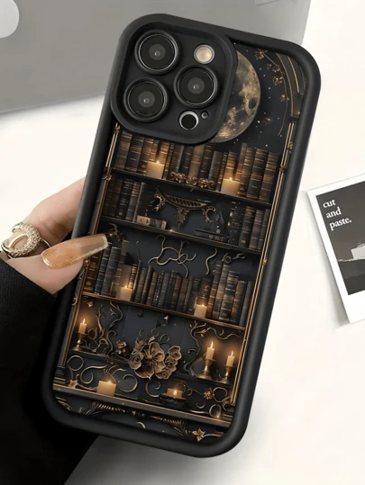 1pc Black Luminous Bookshelf Design Minimalist Full Coverage TPU Shockproof Phone Case Compatible With Apple 17, 16, 15, 14, 13, 12, 11 Pro Max, Air, And Series