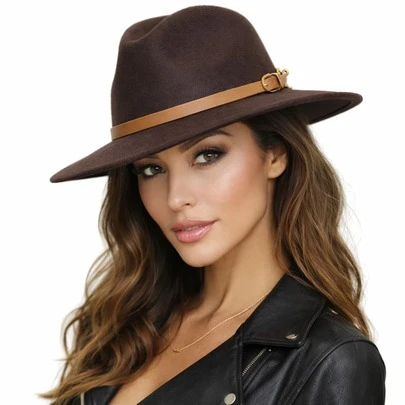 Sombrero Fedora Mujer Color Vino Elegante de Fieltro con Cinturón Ajustable – Estilo Europeo Otoño Invierno