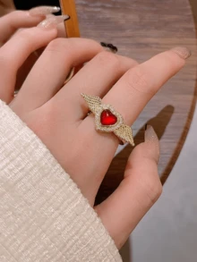 6pcs Luxury Rhinestone & Faux Pearl Flower Heart Copper Asymmetrical Rings, Versatile & Elegant For Women Everyday & Holiday Wear - Six-piece Ring Set - B - View 4