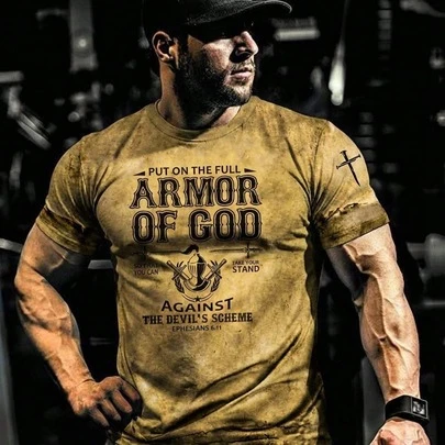 Retro American Digital Print Men's T-Shirt, Muscle Fit Short Sleeve Workout Top