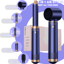 ATOPSKINS 五合一专业热造型工具（热风梳+自动卷发棒）| 5个可拆卸替换刀头 + 3档可调温度 | 自动卷发，卷发/波浪/直发/柔顺 | 打造蓬松刘海、丰盈发根和柔顺造型 - 藍色 - 查看 2