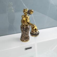 Vintage Palace Style Faucet, Glossy Brown Marble-Look With Gold Accents, Single Handle Dual Control Bathroom Vessel Sink Faucet, Brass Body, G1/2 Universal Thread, 2pcs 50cm Hoses, 2pcs G3/8 Adapters - Gold - View 5