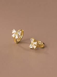 1對可愛少女風格蝴蝶結耳環，百搭日常耳針 - 金色 - 查看 5