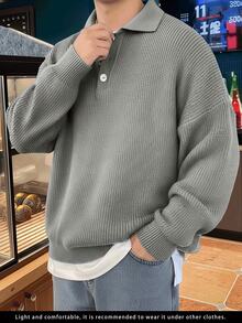 新款韩版宽松Polo领毛衣男士，休闲针织套头衫，复古罗纹领，春秋冬季 - 灰色 - 查看 5