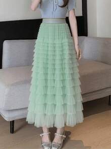 Temperament Knitted Skirt Layered Cake Skirt - Olive Green - View 1
