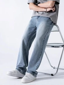 Quần jean denim màu xanh nhạt dễ phối đồ cho bé trai, quần ống đứng bạc màu, kiểu dáng thường ngày dành cho thanh thiếu niên, đa năng. - Rửa nhẹ - Xem 3
