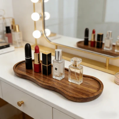 2026新款椭圆/叶形木质托盘 - 浴室托盘、香水托盘，采用天然相思木制成，完美适用于浴室、卧室/客厅，可放置香水、香皂、珠宝、蜡烛、钥匙等配件以及盛放食物 - 时尚的浴室装饰和浴室配件