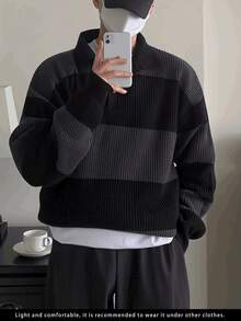 男士美式街头风韩版商务休闲通勤百搭条纹套头针织衫，秋冬款 - 黑色 - 查看 3