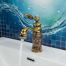 Vintage Palace Style Faucet, Glossy Brown Marble-Look With Gold Accents, Single Handle Dual Control Bathroom Vessel Sink Faucet, Brass Body, G1/2 Universal Thread, 2pcs 50cm Hoses, 2pcs G3/8 Adapters - Gold - View 3