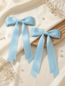 2 Pcs Hair Bows Clips For Women, Blue Bow Hair Clips For Women Ribbons Bow Barrettes Satin Hair Bows Long Tail Clips On Bows Party Hair Accessories Campus, Back-To-School Season, Head Accessories, Claw Clips, Hair Slide, Hairpin - Baby Blue - View 2